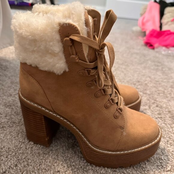 NWOT Faux Suede Shearling Lined Lace Up Platform Heeled Booties - Picture 3 of 4